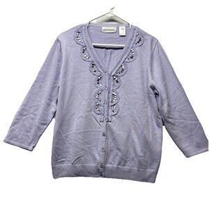 Alfred Dunner 3/4 Sleeve Cardigan Beaded Purple Sz Large Cottage Core Granny
